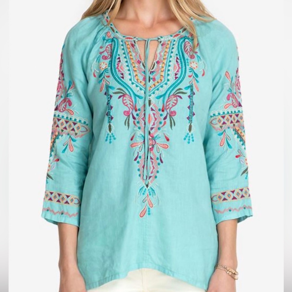 Johnny Was Kris Linen Peasant Blouse M Light Teal